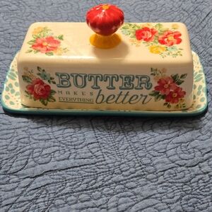 Pioneer Woman Stoneware Butter Dish with Red Knob